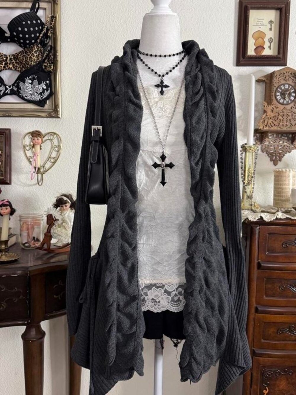 Y2k girly grunge witchy dark whimsical grey ruched long cardigan